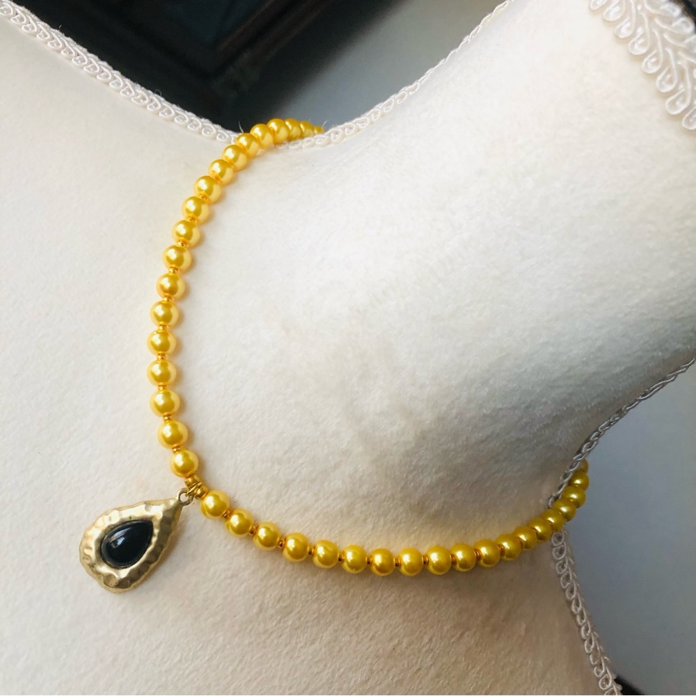 Handcrafted repurpose black glass teardrop pendant Czech glass Pearl necklace